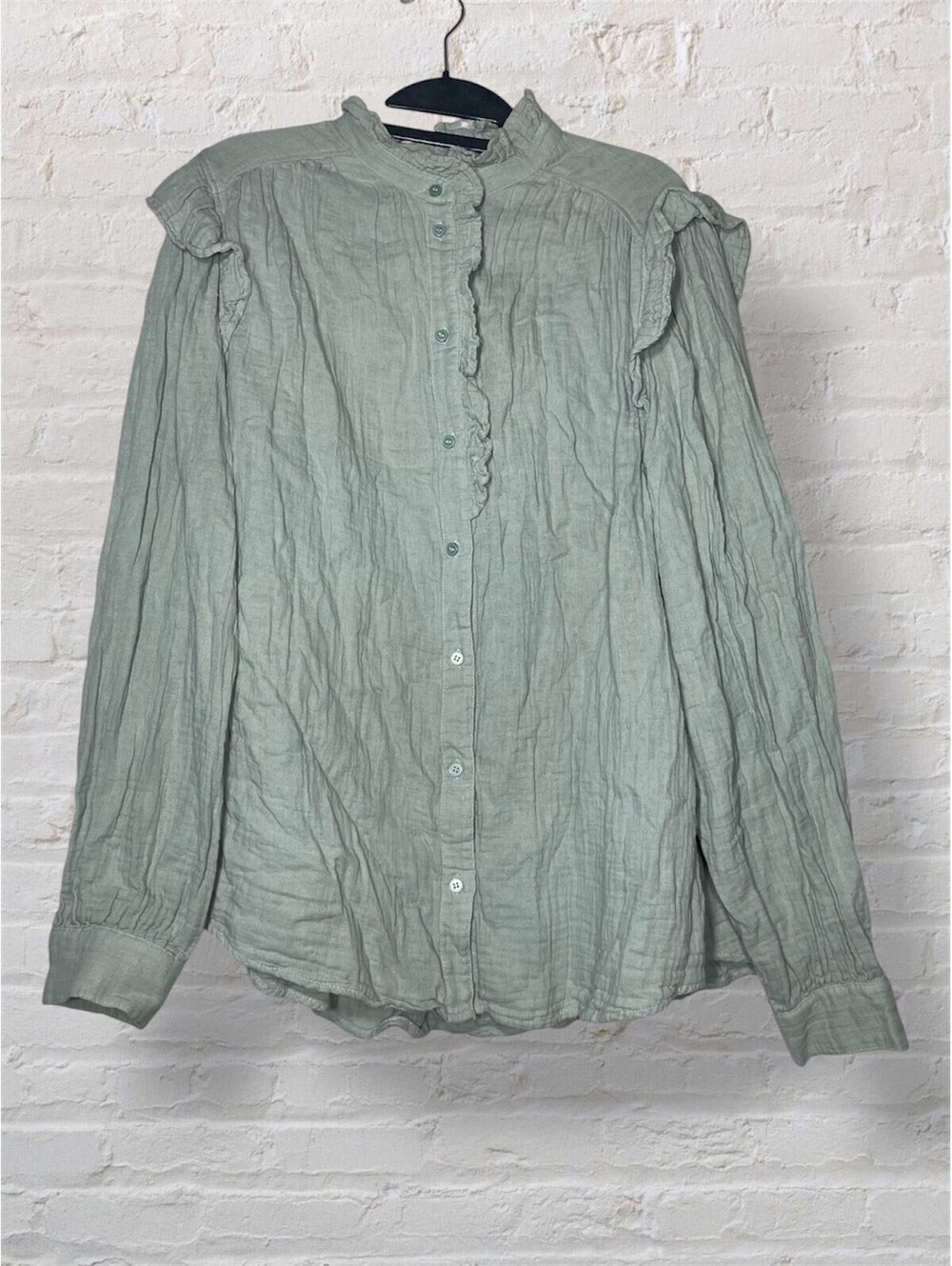 H&M SageGreen Cotton Muslin Blouse RuffleTrim Boho Cottage L
